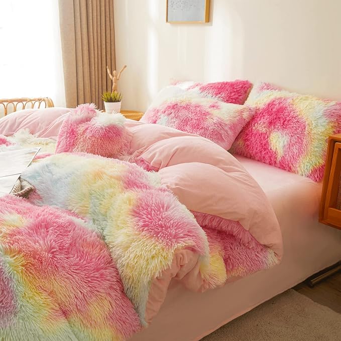 FOPPA Rainbow Plush Comforter Cover Set, 3 Pieces (Queen, Tie-Dye), Ultra Soft Faux Fur Bedding