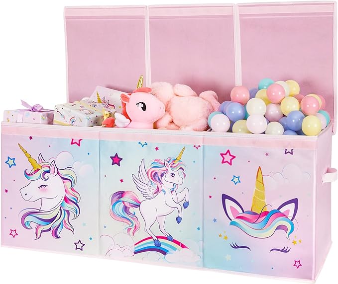 WERNNSAI Unicorn Toy Box Chest – Large Toy Chest Organizer with Flip-Top Lid Collapsible Sturdy Storage Bin with Handles 38 x 13 x 16 Inch for Kids Girls Pink Closet Nursery Living Room Bedroom