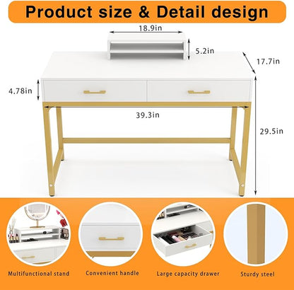 WESTREE Women Makeup Vanity Desk with 2 Drawers - Bedroom Home Office Desk, Wooden Height Monitor Stand & Storage Shelf without Mirror, White Table Great Gift for Her