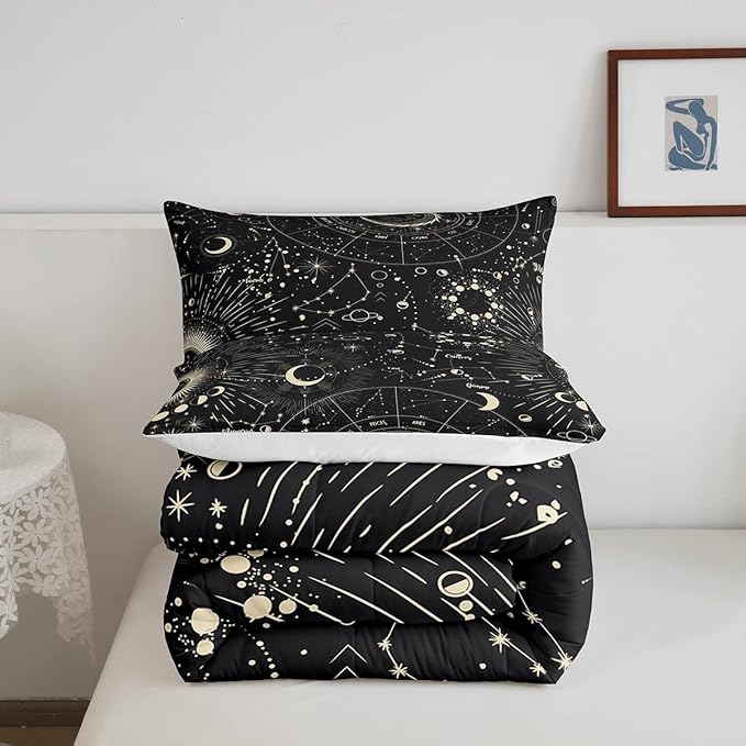 Sun and Moon Comforter Set Boho Exotic Bedding Set Galaxy Astrology Comforter for Boys Girls Children Teens Bedroom Decor Chic Cute Luxury Zodiac Signs Duvet Set Full Size Quilt Set