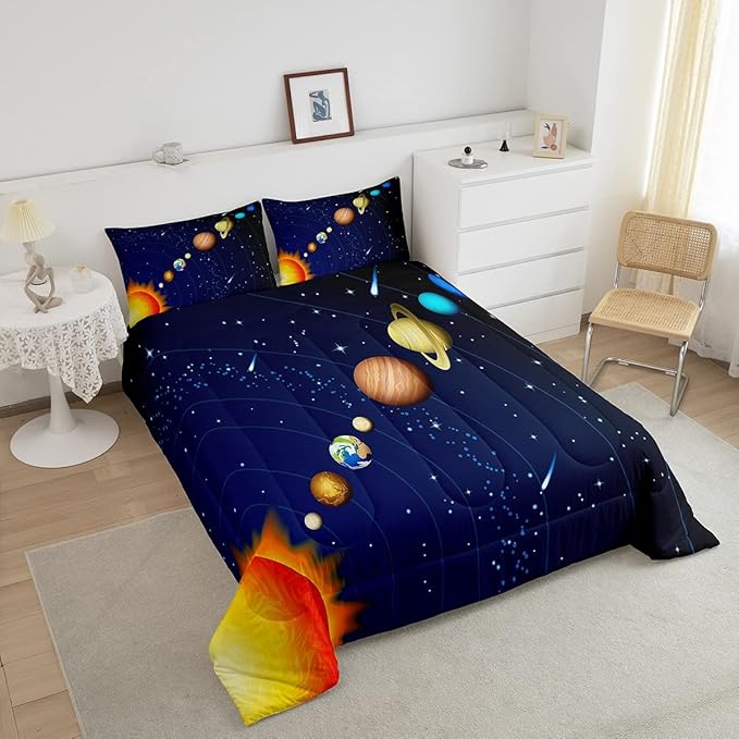 Erosebridal Boys Outer Space Down Comforter, Kids Galaxy Nebula Comforter Set King Size, Starry Sky Cosmos Bedding Set for Children Girls, Solar System Starry Landscape Quilted Duvet, Blue Purple