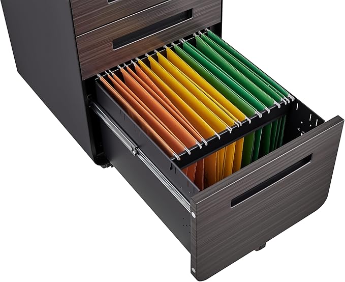 3 Drawer Mobile Desk Office with Lock and Wheels,Versatile Storage Cabinets w/Anti-Tilting Cold Rolled Steel Waterproof Moisture-Proof,for Legal/Letter/A4 Files,Dark Brown