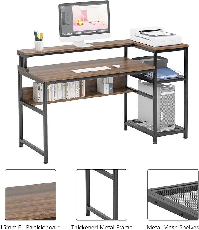 soges 62 Inch Computer Desk with Elevated Monitor Shelf, Home Office Desk with Storage Shelves, CPU Stand, Study Writing Table Workstation with Printer Stand
