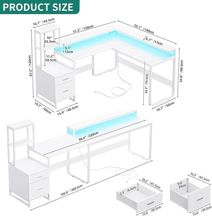 YITAHOME L Shaped Desk with Power Outlets & LED Lights, Reversible Computer Desk with Drawers & Hutch, Corner Desk Office Desk with Monitor Stand, Printer Stand, 2 Person Desk, White