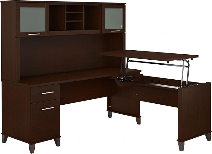 Bush Furniture Somerset 72W 3 Position Sit to Stand L Shaped Desk with Hutch in Mocha Cherry