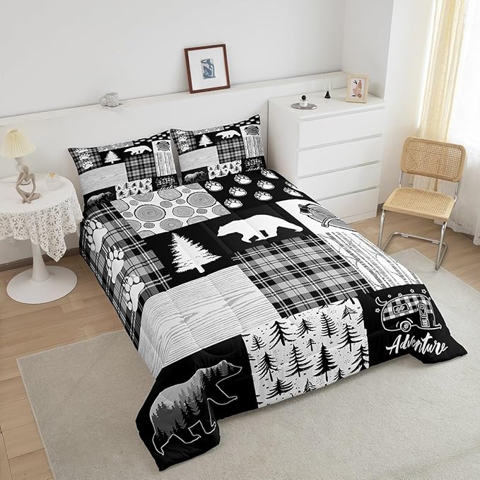 Manfei Bear Plaids Comforter Set Twin Size,Pine Trees Animals Hunting Bedding Set for Kids Boys Girls Adults Room Decor,Adventure Rustic Farmhouse Down Comforter,Black Retro Duvet Insert,1 Pillowcase