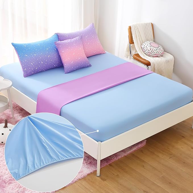 JQinHome Full Girls Comforter Set,6 Piece Bed in A Bag 3D Purple Orange Glitter Bedding Set -All Season Microfiber Rainbow Bedding Sets for Girls Women