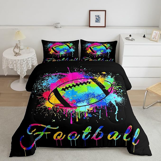 Feelyou Kids Football Comforter Set Queen Size Rugby Sports Game Bedding Set for Boys Girls Teens Bedroom Decor Tie Dye Comforter Women Men Soccer Player Duvet Set with 2 Pillow Case