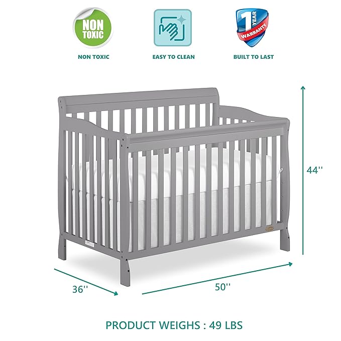 Dream On Me Ashton 4-In-1 Convertible Crib In Storm Grey, Greenguard Gold, JPMA Certified, Non-Toxic Finishes, Features 4 Mattress Height Settings, Made Of Solid Pinewood