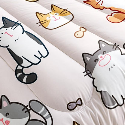 Kids Cute Cat Comforter Set Full Size 3Pcs Cartoon Pet Cat Fishing Bedding Set Lovely Animal Quilt Bed Set for Children Girls Boys Room Decor