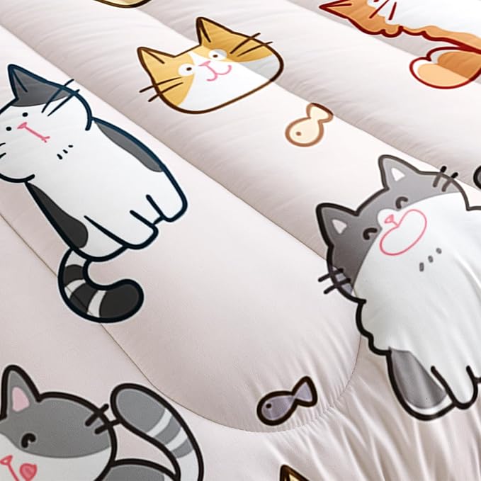 Kids Cute Cat Comforter Set Queen Size 3Pcs Cartoon Pet Cat Fishing Bedding Set Lovely Animal Quilt Bed Set for Children Girls Boys Room Decor