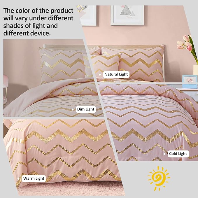 Pink Comforter Set Twin Size, Metallic Blush and Rose Gold Bedding Set, 3 Piece Lightweight Microfiber Comforter for Teen Girls Women (1 Pillow Sham + 1 Decorative Pillow Sham)