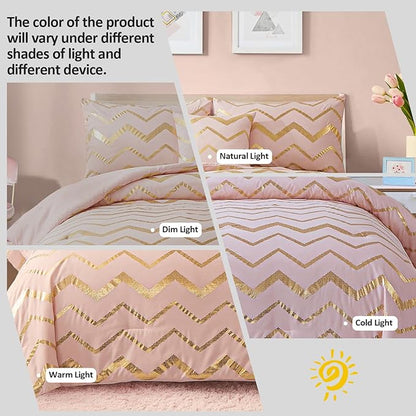 Pink Comforter Set Twin Size, Metallic Blush and Rose Gold Bedding Set, 3 Piece Lightweight Microfiber Comforter for Teen Girls Women (1 Pillow Sham + 1 Decorative Pillow Sham)