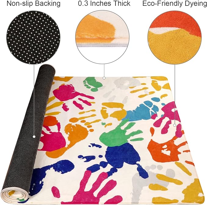 Handprints and Footprints Kids Rug for Playroom, 3'x5' Washable Colorful Nursery Rug for Boys and Girls Room, Ultra Soft Non-Slip Carpet Indoor Mat for Classroom Bedroom