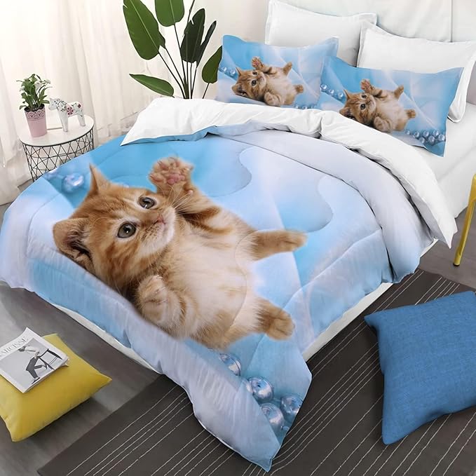 Cat Comforter Set Twin Size for Kids Blue Cat 3Pcs Bedding Set for boys and Girls (1Summer Comforter+ 2 Pillowcases) Lovely Animal Pets Duvet Set