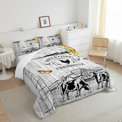 Farmhouse Windmill Comforter Set Full Size Rustic Farm Barn Door Bedding Comforter Sets for Cowboy Cowgirl, Vintage Western Cow Gifts Bedding Room Decor Butterfly Sunflowers Wooden Plank Duvet Insert