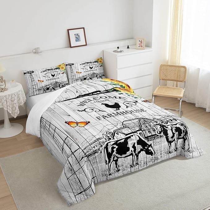 Rustic Western Comforter Set, Western Cow Bull Bedding Queen For Boys Teens Youth, Tribal Windmill Farmhouse Southwestern Bedding Comforter Sets for Women Men, Woodland Animals Quilt, 2 Pillowcases