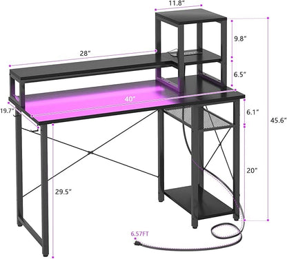 armocity 2024 Upgrade Gaming Desk with LED Lights, Small Computer Desk with Long Monitor Stand, 40'' Reversible Laptop Table with Storage Shelves, Small Desk for Small Spaces, Gaming Room, Black