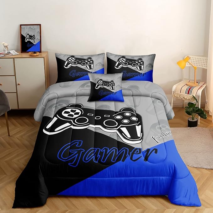 5 Pieces Bed in A Bag Gamer Bedding Set for Boys Kids Gaming Comforters Set,Gamer Bed in a Bag Complete with Comforter Set Sheets Flat Sheet Pillowcase,DJT5002Twin Size