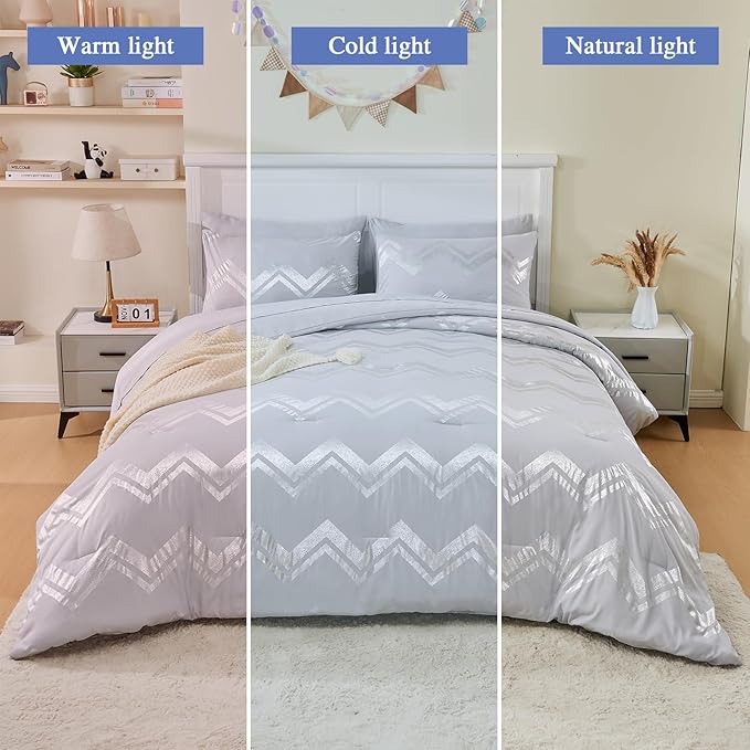 Wowelife Gray Comforter King Size 7 Pieces Silver Glitter Kids Bedding Set Bed in a Bag for Girls with Comforter, Flat Sheet, Fitted Sheet and 2 Pillowcases