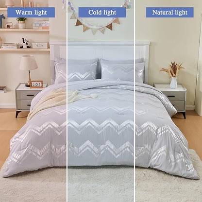 Wowelife Gray Comforter King Size 7 Pieces Silver Glitter Kids Bedding Set Bed in a Bag for Girls with Comforter, Flat Sheet, Fitted Sheet and 2 Pillowcases
