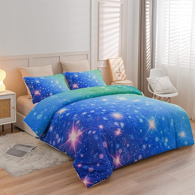 Holawakaka Kids Space Star Glitter Comforter Set Ombre Blue & Green Print Gradient Bedding Set Twin Size(Blue Green, Twin)
