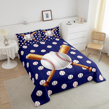 Baseball Comforter Set Sports Theme Bedding Set 3D Ball Pattern Comforter for Children Kids Boys Girls Microfiber Baseball Games Blue Duvet Set Room Decor Quilt Set Baseball Bat Print King Size