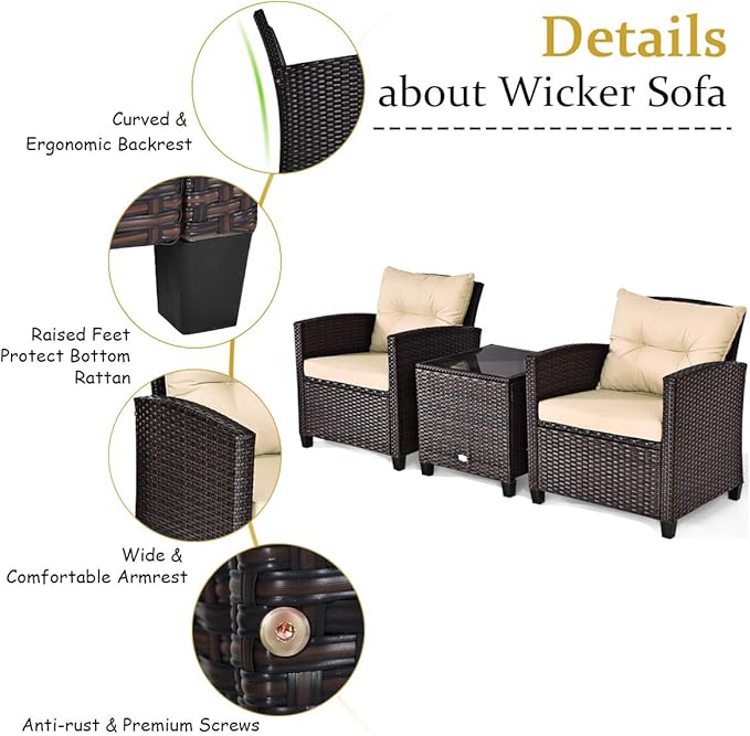 3 PCS Patio Furniture Set, Onesize, Beige