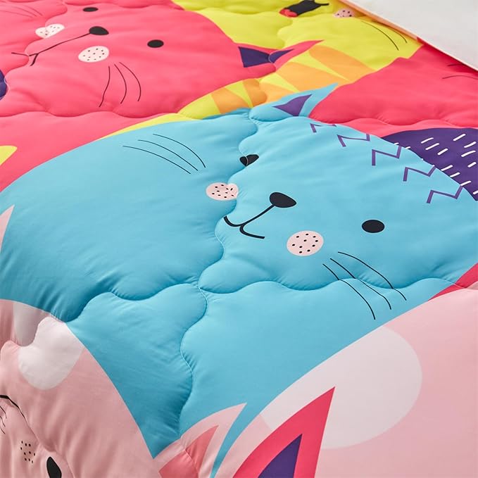 Wajade Kids Cute Cats Comforter Set Bed in A Bag Full Size 7 Piece Colorful Cartoon Pet Cats Bedding Set for Boys Girls (1 Comforter, 1 Flat Sheet, 1 Fitted Sheet, 2 Pillowcase and 2 Pillow Sham)