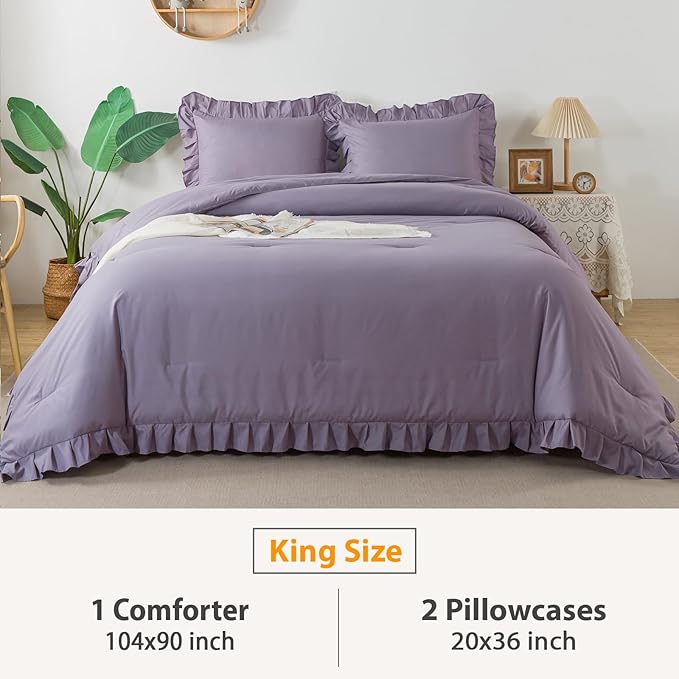 Andency Grayish Purple Ruffle Comforter King, 3 Pieces Solid Farmhouse Shabby Chic Comforter, Lightweight Soft Microfiber Vintage Rustic Bedding Sets All Season (104x90Inch Comforter)