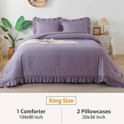 Andency Grayish Purple Ruffle Comforter King, 3 Pieces Solid Farmhouse Shabby Chic Comforter, Lightweight Soft Microfiber Vintage Rustic Bedding Sets All Season (104x90Inch Comforter)