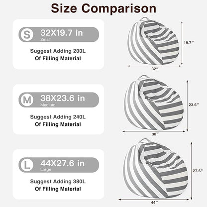 EXQ Home Kids Bean Bag Chairs Cover -Stuffed Animal Bean Bag Storage Grey and White Stripes-Zipper Bean Bag for Organizing Children Plush Toys Holiday Gift for Girl,Boys (2XL)