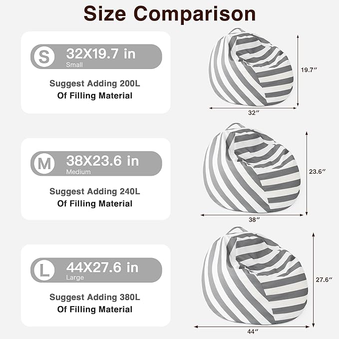 EXQ Home Kids Bean Bag Chairs Cover -Stuffed Animal Bean Bag Storage Grey and White Stripes-Zipper Bean Bag for Organizing Children Plush Toys Holiday Gift for Girl,Boys