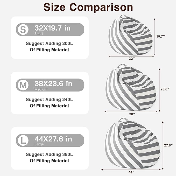 EXQ Home Kids Bean Bag Chairs Cover -Stuffed Animal Bean Bag Storage Grey and White Stripes-Zipper Bean Bag for Organizing Children Plush Toys Holiday Gift for Girl,Boys (XL)