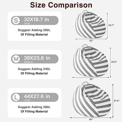 EXQ Home Kids Bean Bag Chairs Cover -Stuffed Animal Bean Bag Storage Grey and White Stripes-Zipper Bean Bag for Organizing Children Plush Toys Holiday Gift for Girl,Boys (XL)