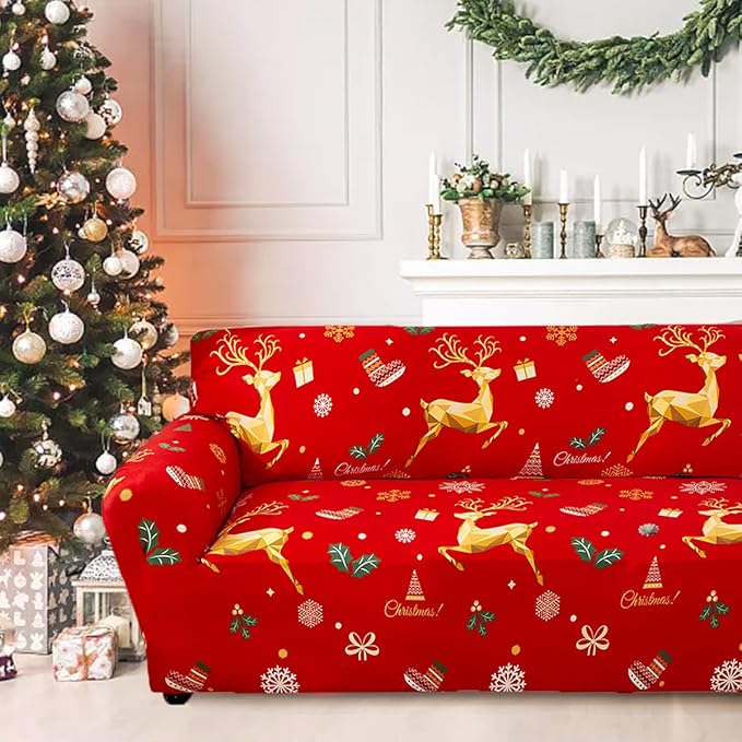 Mybedsoul Christmas Printed Red Sofa Cover Reindeer Printed Elastic Couch Cover Machine Washable Christmas Theme Red Sofa Slipcover for Living Room(3 Seater/Loveseat)