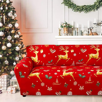 Mybedsoul Christmas Printed Red Sofa Cover Reindeer Printed Elastic Couch Cover Machine Washable Christmas Theme Red Sofa Slipcover for Living Room(3 Seater/Loveseat)