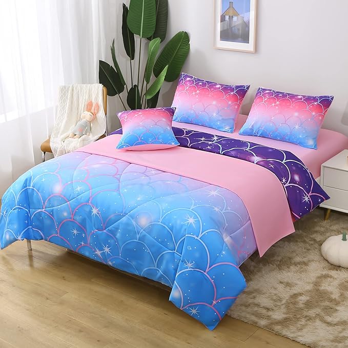 JQinHome Queen Size Mermaid Comforter Set, 6 Piece Bed in A Bag 3D Colorful Bedding Set for Girls kids (1 Comforter,2 Pillowcases,1 Flat Sheet,1 Fitted Sheet,1 Cushion Cover)(Pink Mermaid Scale)