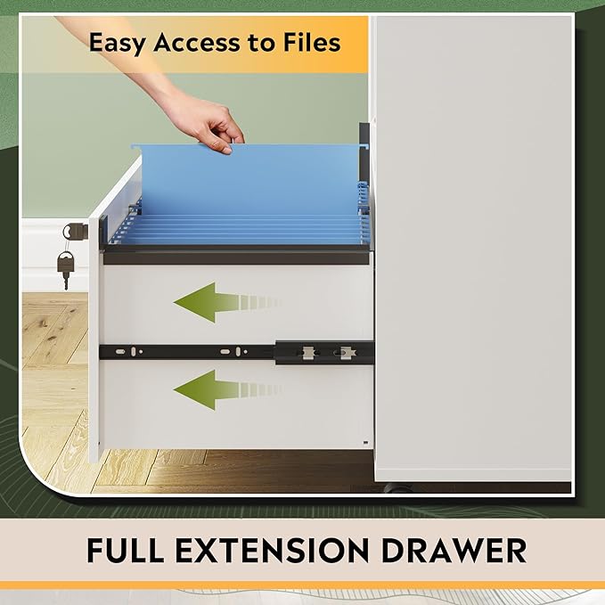 DEVAISE File Cabinet with Charging Station, 1-Drawer Lateral File Cabinets with lock for home office, Wooden Rolling Printer Stand with Shelves, White