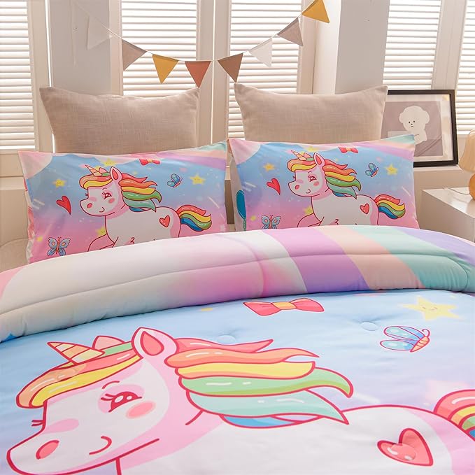 Aimuan Girls Unicorn Comforter Set 3 Pieces Pink Purple Bedding Set with Rainbow Star Galaxy Stars Fantasy Children Room Decor Soft Reversible Bed Sets for Boys/Girls/Teens (Pink Blue Twin3Pcs)