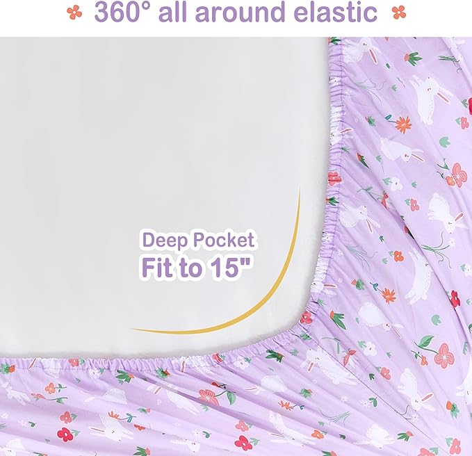 Mooreeke Bed in a Bag for Kids Girls Teens, 7 Pieces Full Size Comforter Bed Set with Shams, Sheet Set, Rabbit Purple Super Soft Microfiber Kids Comforter Bedding Set