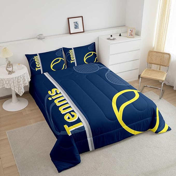 Feelyou Kids Tennis Comforter Set King Size Tennis Sports Bedding Set for Boys Girls Teens Bedroom Decor Tennis Gaming Comforter Blue Yellow Tennis Lovers Duvet Set with 2 Pillow Case