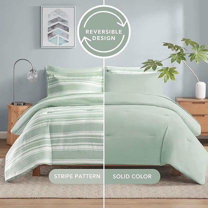 Codi Full Size Comforter Set with Sheets, Sage Green Bed in a Bag for Teen, 7 Piece Striped Bed Sets for All Seasons with 1 Comforter, 2 Pillow Shams, Flat Sheet, Fitted Sheet and 2 Pillowcases