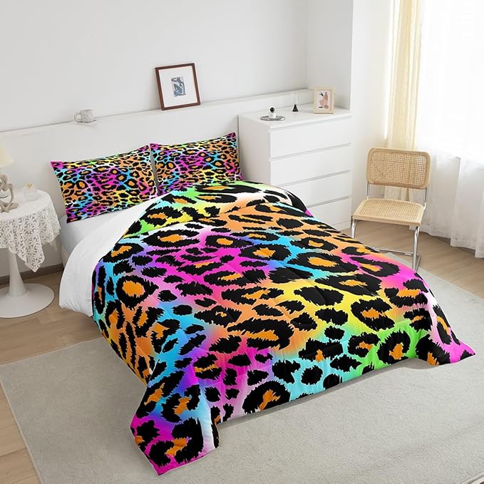 Leopard Print Comforter Set for Girls Kids Women Neon Rainbow Leopard Fur Bedding Set Mottled Exotic Panthera Skin Comforter Room Decor Colorful Camouflage Safari Theme Duvet Set Full Size Quilt Set