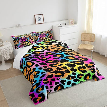 Leopard Print Comforter Set for Girls Kids Women Neon Rainbow Leopard Fur Bedding Set Mottled Exotic Panthera Skin Comforter Room Decor Colorful Camouflage Safari Theme Duvet Set Full Size Quilt Set