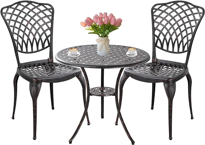 Patio Bistro Set 3 Piece Outdoor Cast Aluminum Bistro Table and Chairs Set of 2 with 1.97" Umbrella Hole,All Weather Outdoor Bistro Set for Front Proch Set (Bronze)