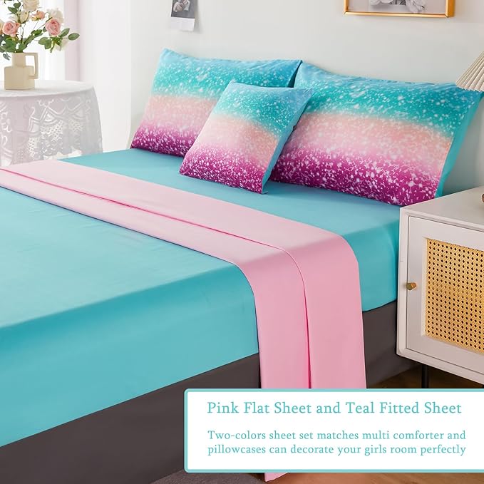 URBONUR Queen Comforter Set for Girls Teens Kids Ombre Purple Orange Teal Bedding Set Soft & Fluffy Girls Bed Set for Queen Bed Comforters with Sheets Set