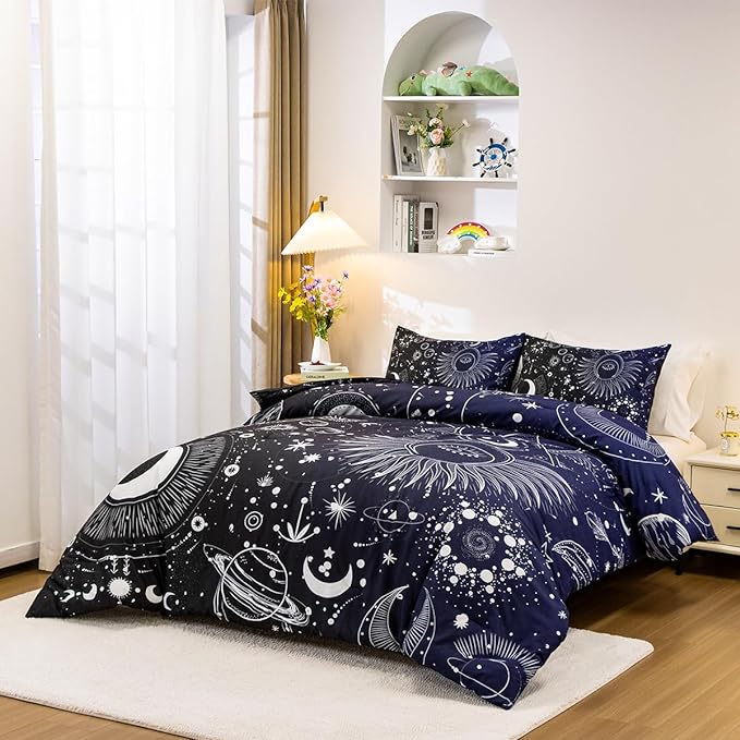 Holawakaka Stars Moon Constellation Print Comforter Set Twin Size Girls Boys Witchy Astrology Zodiac Celestial Bedding Set (Navy Blue,Twin)