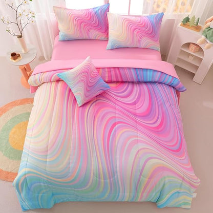 Girls Full Bedding Sets, 6 Pcs Pink Full Szie Comforter Set with Sheets, Tie Dye Superior Blue Pink Rainbow Bedding Set for Girls Kids