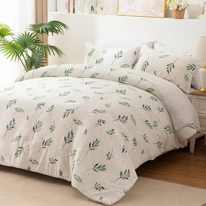 EMME Queen Comforter Set - Sage Green Floral Bedding Set 7 PCS with Nature Leaves Pattern, Soft Leaf Printed Botanical Bed Set with Sheets, Fluffy Bed Bag for All Season(90"X90")